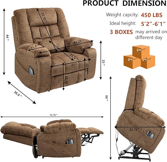 4 Motor Power Lift Recliner Chair for Elderly Oversized Lay Flat Recliner with Massage Heat Adjustable Headrest Hidden Cup Holders Zero Gravity Big and Tall Recliners Caramel
