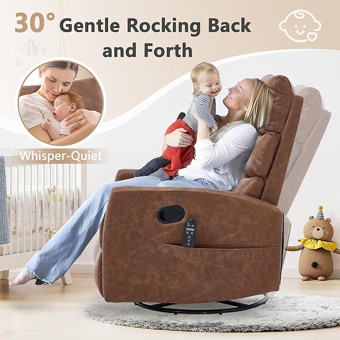 cinkehome Swivel Rocker Recliner Chair Upholstered Nursery Glider Recliner Chair with Heated Massage High Back Side Pocket (Light Brown PU Leather)