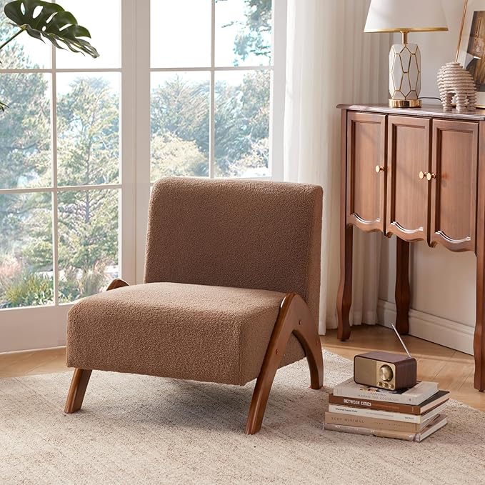 Oversized Accent Chair upholstered armless mid Century Modern Living Room Chair with Wooden Legs for Bedroom/Office/Cafe Sherpa Brown