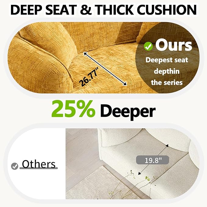 67 Curved Loveseat Sofa with 2 Pillows Modern Boneless Couch in a Box Small Cloud Loveseat for Bedroom Small Space Apartment Living Room Memory Foam Chenille No Assembly (Yellow)