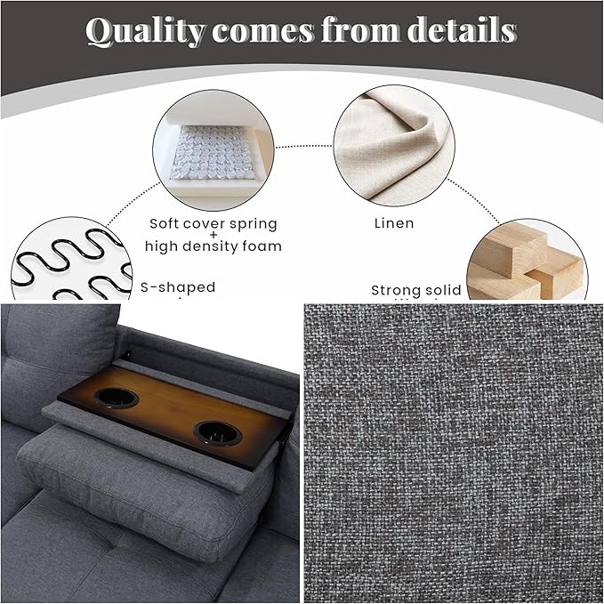 FONTOI L Shaped Sectional Couch Sofa Modern Nail-Head Design Sectional Sofa for Living Room 4 Seat L Couch with Storage Ottoman &amp Cup Holder for Bedroom Apartment Grey