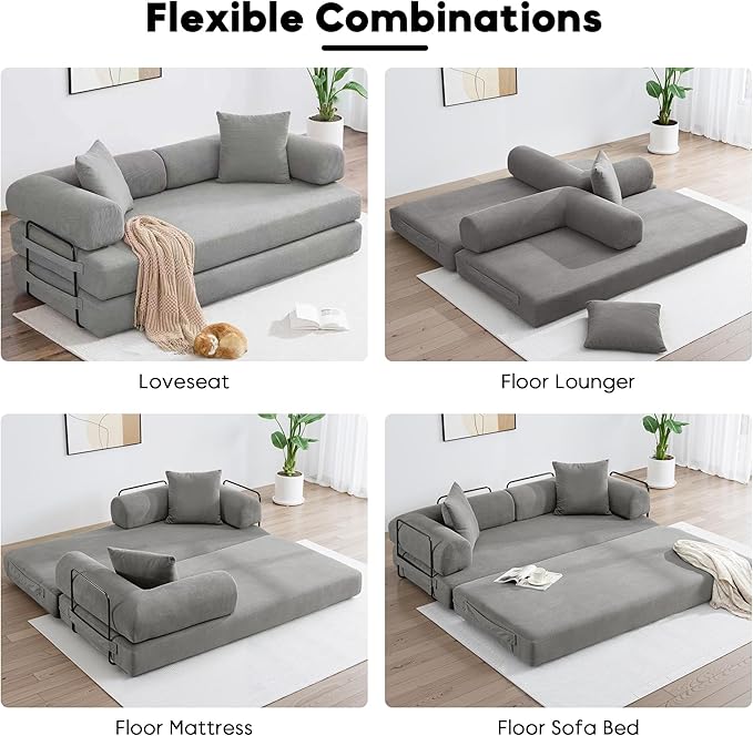 79 Inch Convertible Sleeper Sofa Bed 5 in-1 Boneless Floor Couch Bed with Fixed-Shape Frame Modular Floor Sofa Futon Couch for Living Room RV Studio Bedroom Small Spaces Grey
