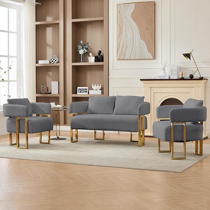 Loveseat Sofa and 2 Modern Accent Chairs no Wheels Living Room Side Chairs with Golden Metal Legs Barrel Soft TeddyUpholstered Reading Armchairs for OfficeStudyReception RoomBedroomLoungeGrey