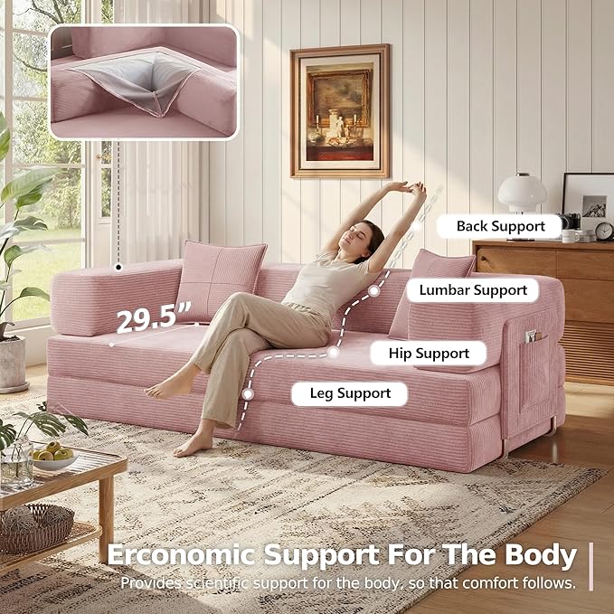 MoonSpeak 78.8''Sleeper Couch Bed for LivingroomConvertible Modular Sofa with Armrest PillowModular Foldable Corduroy Couches in a BoxNo Assembly (Pink)