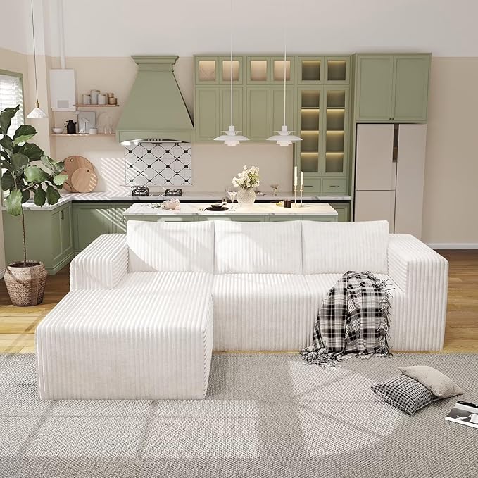 94 Modular Sectional Sofa Boneless Couches for Living Room L-Shape Sofa CouchesCloud Couch Sectional Comfy Corduroy Sofa with Deep Seat No Assembly Required (White 94+Left Facing Chaise)