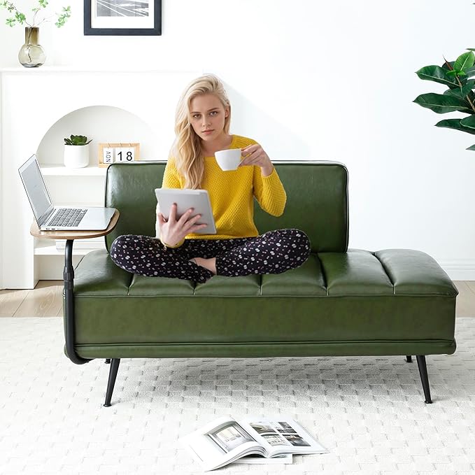Anwick 55 PU Leather Small Sofa Loveseat Couch with Side Table Modern Upholstered Bed End Bench with Back for Bedroom Living Room Office Entryway (Green)