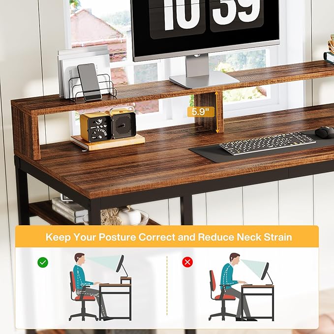 Tribesigns 78.74 Inches Extra Long Two-Person Desk Double Computer Desk with Monitor Stand and Storage Shelves Study Work Table for Home Office (Rustic Brown)