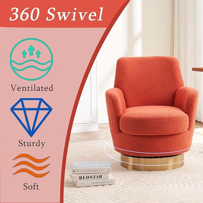 Teddy Swivel Accent Chairs for Living RoomComfy Swivel Barrel Chair with Foam Cushion Round Swivel Chair &amp Boucle Swivel Chair with High Back Round Armrest Gold Base (Orange)