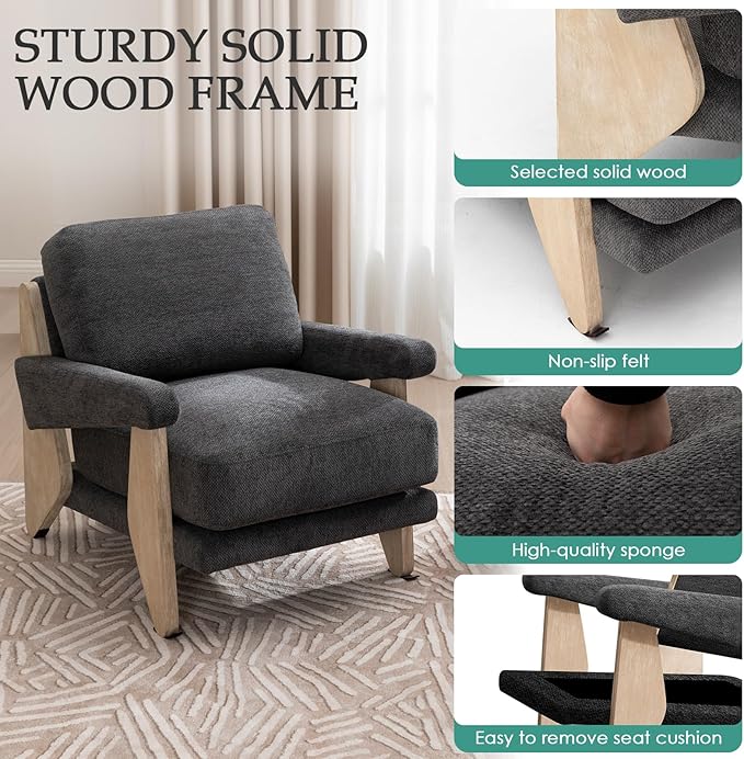 2 Pcs Accent Chair Mid Century Modern Chenille Armchair Solid Wood Frame Lounge Upholstered Armchair Reading Chair Sturdy Base For Living RoomBedroomOfficeComfy Guest Waiting Room ChairsGrey