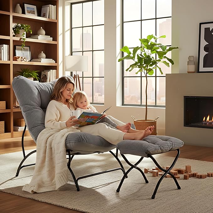Welnow Modern Accent Chair with Ottoman Upholstered Comfy Lounge Recliner Sofa Thick Cushion Oversized Lazy Reading Chair with Footrest for Living Room Bedroom Apartment Office Dorm Light Grey