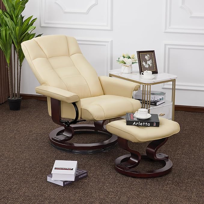 MCombo Manual Swivel Recliner with Ottoman Chair Ottoman Set for RV Small Spaces Living Room Bedroom Office 9019 4919 (Faux Leather Cream White)