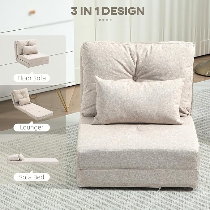 HOMCOM Convertible Flip Chair Floor Lazy Sofa Folding Upholstered Couch Bed with Adjustable Backrest Metal Frame and Pillows for Living Room Bedroom Beige