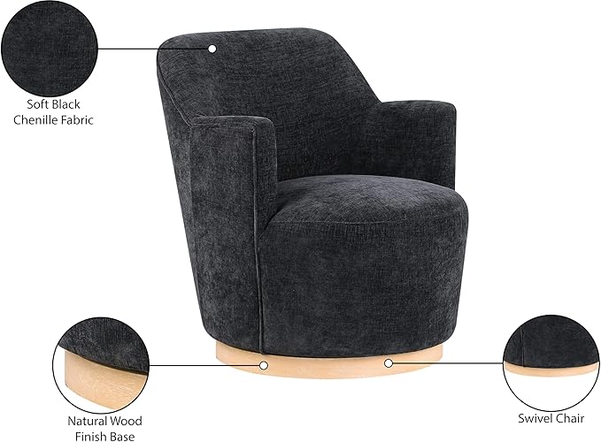 Meridian Furniture 449Black Clarita Collection Modern | Contemporary Swivel Accent Chair with Soft Black Chenille Fabric Natural Wood Finish Base 26.5 W x 30.5 D x 31 H Black