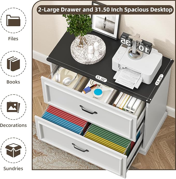 2 Drawer File Cabinet Farmhouse Lateral Filing Cabinet for Letter/A4/F4/Legal Size Hanging Files Large Wood File Storage Cabinets Printer Stand for Home Office White and Black
