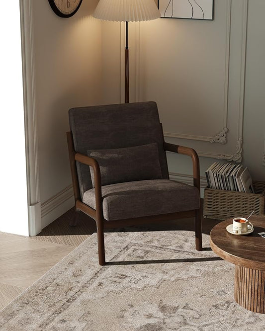 Garvee Mid-Century Modern Accent Chair Chenille Upholstery Solid Wood Armchair with Removable Lumbar Pillow Sturdy Reading Chair for Living Room Bedroom Guest Room Easy Assembly Brown
