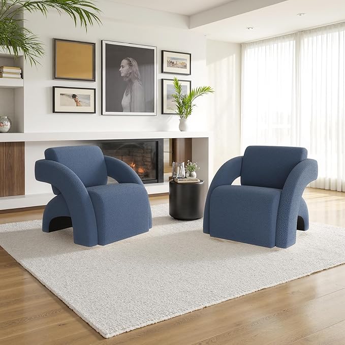 Soohow Upholstered Armchair with Ottoman – Plush Bouclé Fabric Curved Seat &amp Sled-Base Lounge Chair for Living Room Bedroom Study