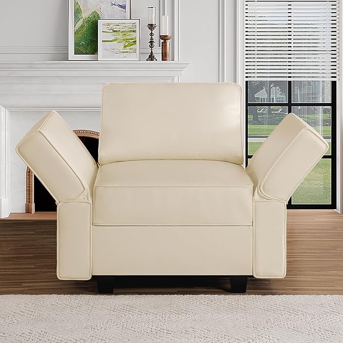 Naomi Home Sarah Modular Sectional Arm Accent Chair with Storage Seat Air Leather Armchair Single Sofa Club Chair Beige