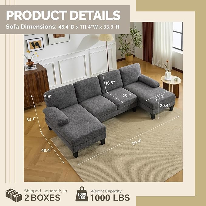 VINGLI 110' U-Shaped Sectional Couch with Two Chaise Affordable Small Sofa with 4 Seats Chenille Fabric Comfy Couches for Living Room Dark Grey