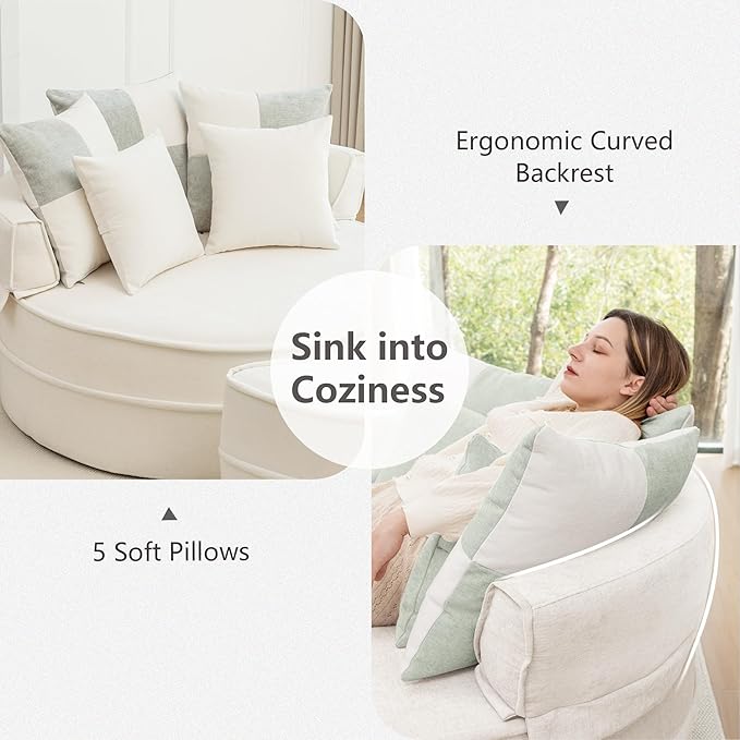 DEINPPA Oversized Round Accent Barrel Chair with Movable Ottoman Cloud Circle Chair with 5 Comfy Pillows for Living Room Reading Room Bedroom Boneless Couch No Assembly Required-Beige
