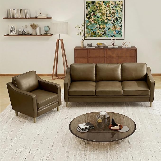 Kingfun Living Room Furniture Sets 3 Seater Couch and Armchair Mid Century Modern Sofa Set Faux Leather Couch with Solid Wood Frame for Living Room &amp Bedroom Olive Green