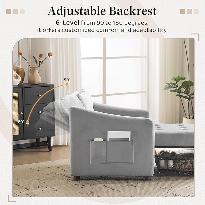 Bezseller Convertible Sofa Bed Chair 3-in-1 Sleeper Chair with Storage Drawer Pull Out Couch with Side Pocket Pillow and Adjustable Backrest for Small Spaces Living Room Light Grey