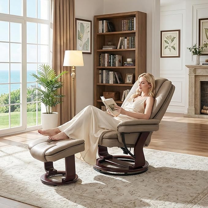 Argus Swivel Recliner with Ottoman PU Leather &amp Wood Base Reclining Chair with Footrest Ultra-Plush Double Foam for Living Room Bedroom and Office Set of 2