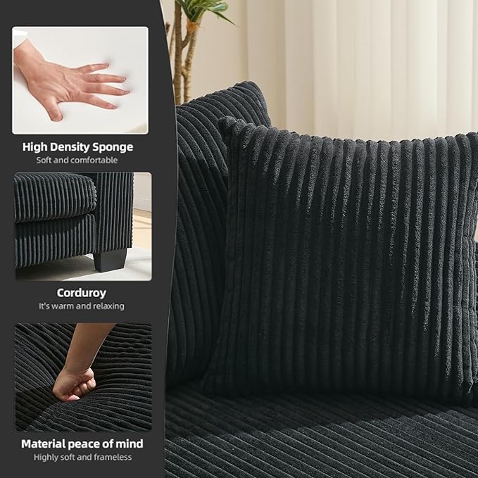 114 U-Shaped Sleeper Sofa with Pull Out Bed 3 in 1 Convertible Couch Bed Oversized Sectional Modular with Chaise Lounge Modern Comfy Plush Corduroy Black Couches for Living Room (Black)