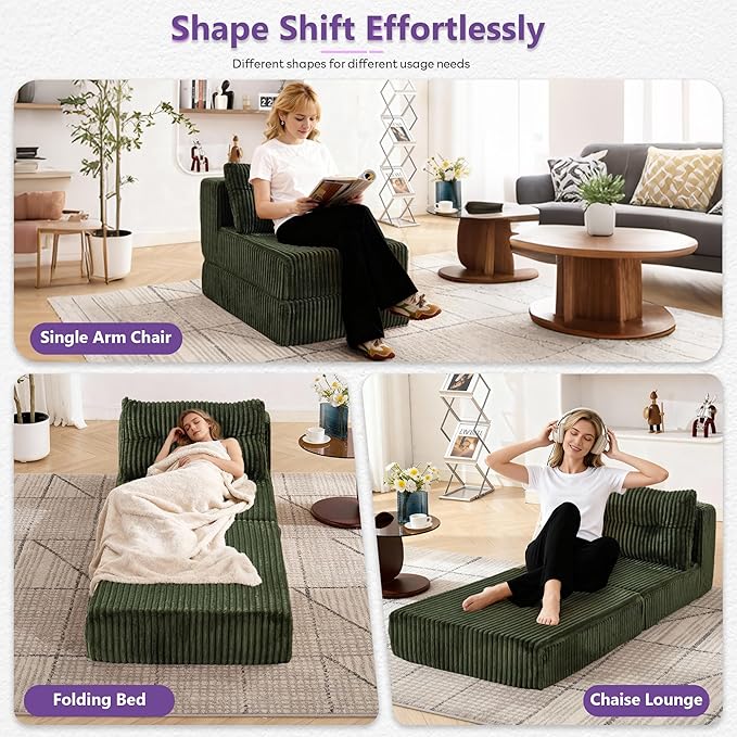 TYBOATLE Folding Sofa Bed Convertible Sleeper Chair with Back Support and Pillow Fold Out Floor Chair Bed Comfy Foldable Mattress Futon Couch for Living Room Bedroom (Forest Green Single Seat)