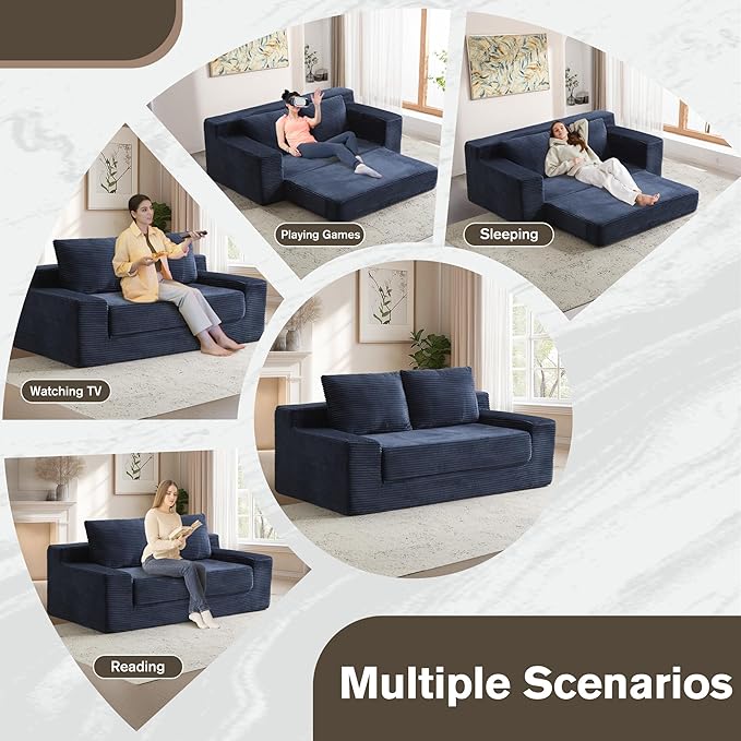 71 Oversized Loveseat Pull Out Sofa 2 in1 Convertible Loveseat Sofa with Pillows Corduroy Folding Couch Bed with Deep Seat Boneless Couch for Small Room No Assembly Required Dark Blue