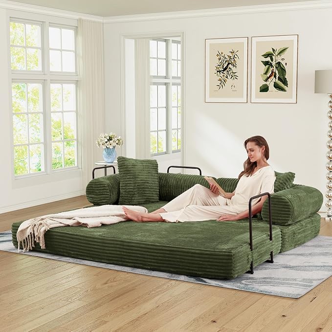 78.5W Convertible Folding Sofa Bed Corduroy Upholstered Queen Size Foam Floor Couch with Fixed-Shaped Frame Loveseat Sleeper Compression Sofa Foldable Mattress for Living Room Bedroom(Green)