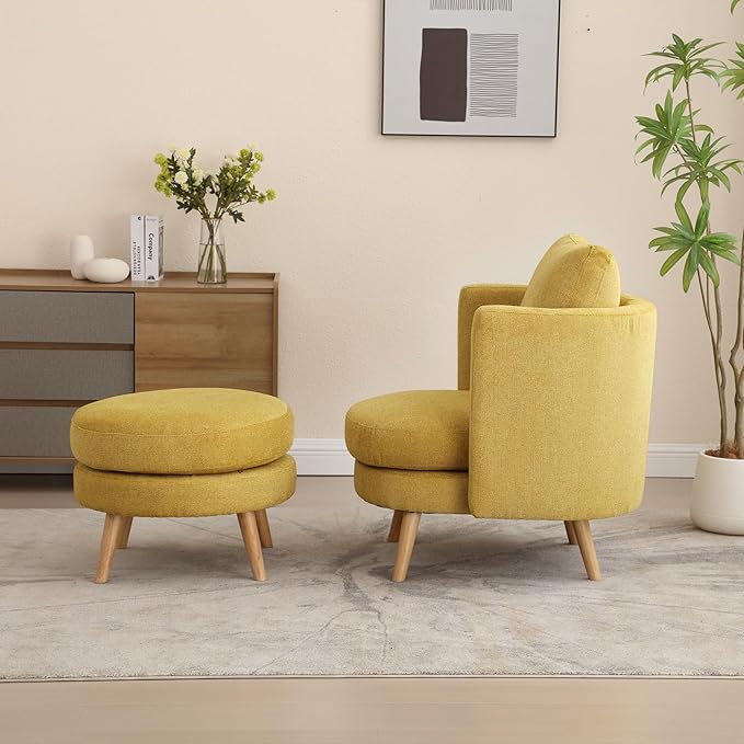 30.7 Wide Accent Chair with Ottoman Armchair Upholstered Reading Chair Single Sofa with Wooden Leg and Throw Pillow for Living Room Bedroom Dorm Room Office Mustard Polyester Blend