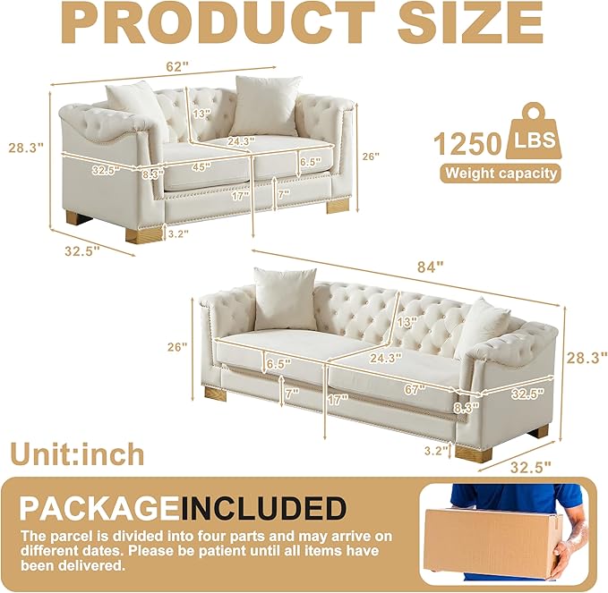 2 Pieces Chesterfield 84 3-Seater + 62 Loveseat Beige Velvet Combination Sofa Sets 4 Cushion Classic 6.5 Rolled Arm Modern Couch Suitable for Living Room