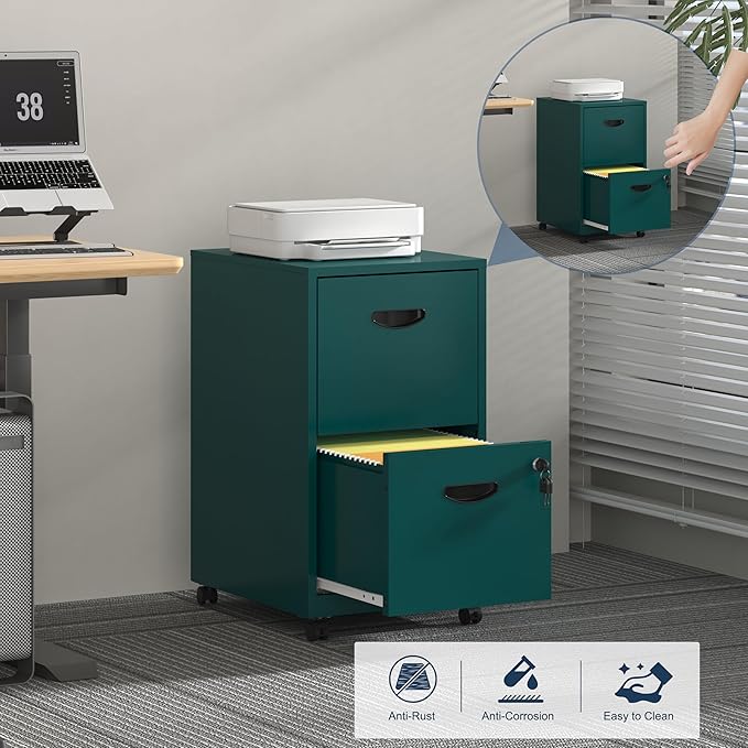 2 Drawer File Cabinet with Lock Filing Cabinets with Wheels Rolling File Cabinets for Home Office Metal Office File Cabinet Mobile Filing Cabinet for Holding Letters and File Boxes Green