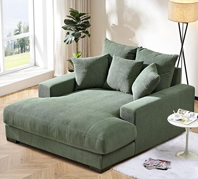 Luxe Upholstered Chaise Lounge Sofa in Soft Corduroy Fabric with Removable Cushions Oversized Chair for Relaxing in Living Room or Bedroom 55.1 Wide Green