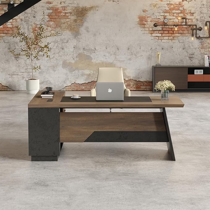 L Shape Executive Desk Large Office Desk with Drawers &amp Shelves 78.74 Inches Industrial Wooden Desk with Storage Modern Computer Desk for Home Office Black and Brown Left Side