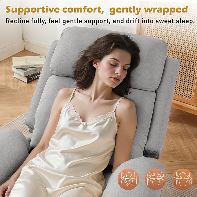 Recliner Chair Living Room Chairs for Adults Padded Deep Seat Reading Chair with Side Pockets Small Recliners for Small Spaces Lounge Chair for Living Room Bedroom and RV (Linen)