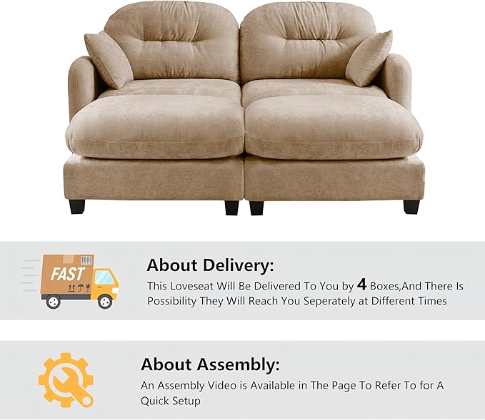 mikibama 74 Chenille Loveseat with OttomansModern Modular Sectional 2 Seater Cloud Sofa Couch with Deep SeatDouble Chaise Lounge Chairs with Curved Arms for Living RoomSmall Spaces(Camel2S+2O)