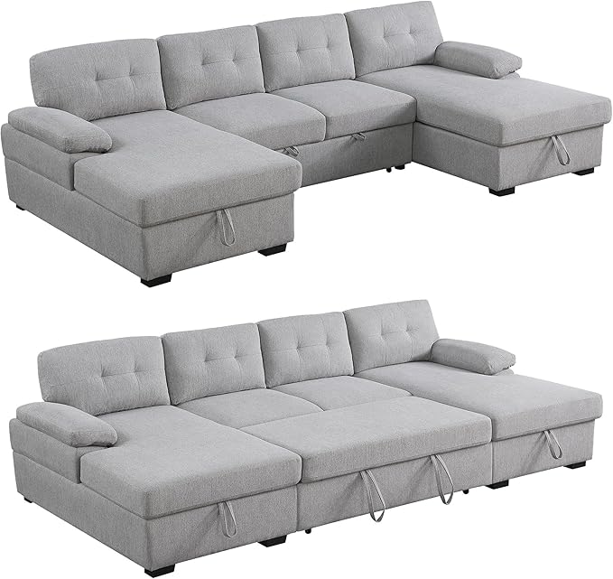 BEEY Sectional Sleeper Sofa 120 Oversized Couch Bed 4 Seat Sofa Bed U Shaped Sectional Couch with Pull Out Bed and Double Storage Chaise for Living Room Bedroom Light Grey