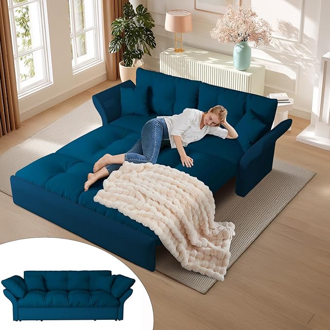 74.8 Queen Pull Out Sofa Bed 3-in-1 Convertible Sleeper Sofa Bed Velvet Small Loveseat for Small Spaces Comfy Cloud Pullout Couches Multi-Functional Couches for Living Room Bedroom Lounge(Blue)