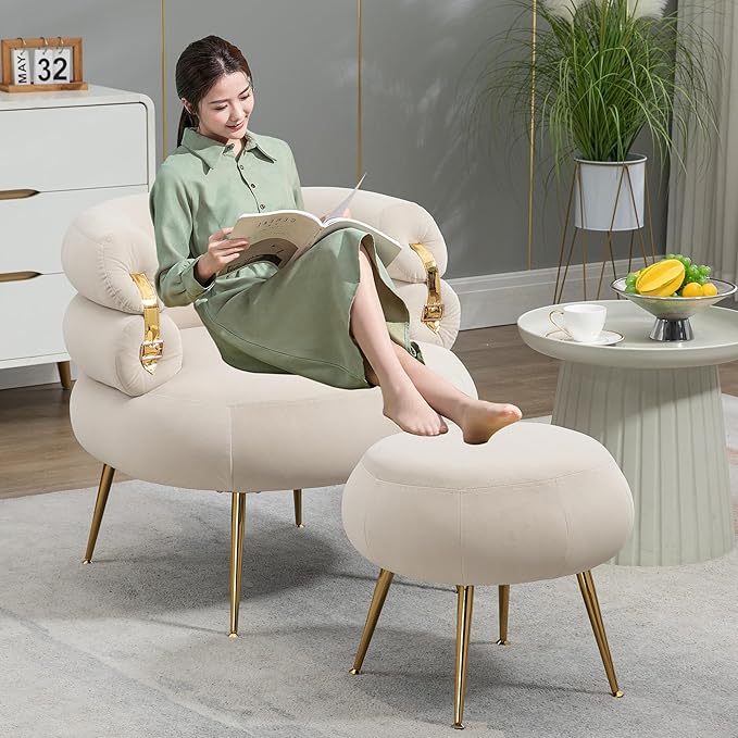 Velvet Oversized Armchair Accent Chair with Ottoman Mid-Century Modern Living Room Chairs Single Sofa Chair with Metal Legs Upholstered Tufted Reading Chairs for Bedroom Office (Beige)