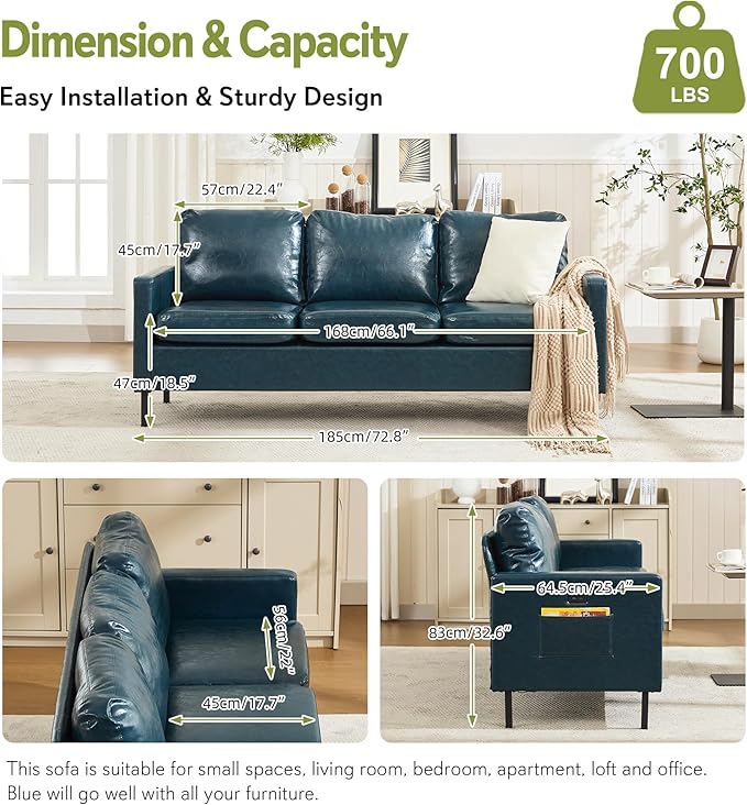 STHOUYN 73 W Faux Leather Couch w/ 2 USB Leather Sofa w/Side Pockets Wooden Frame 3 Seat Couch for Livingroom Office Apartment