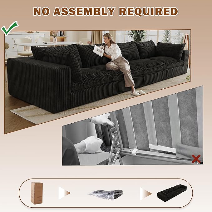 157.6 Modular Sectional Sofa Cloud Couch Modern Fluffy Boneless Couch Deep Seat Upholstered Sofa for Living Room Furniture Bedroom and Apartment (Black 4-Seater) | Plush Corduroy