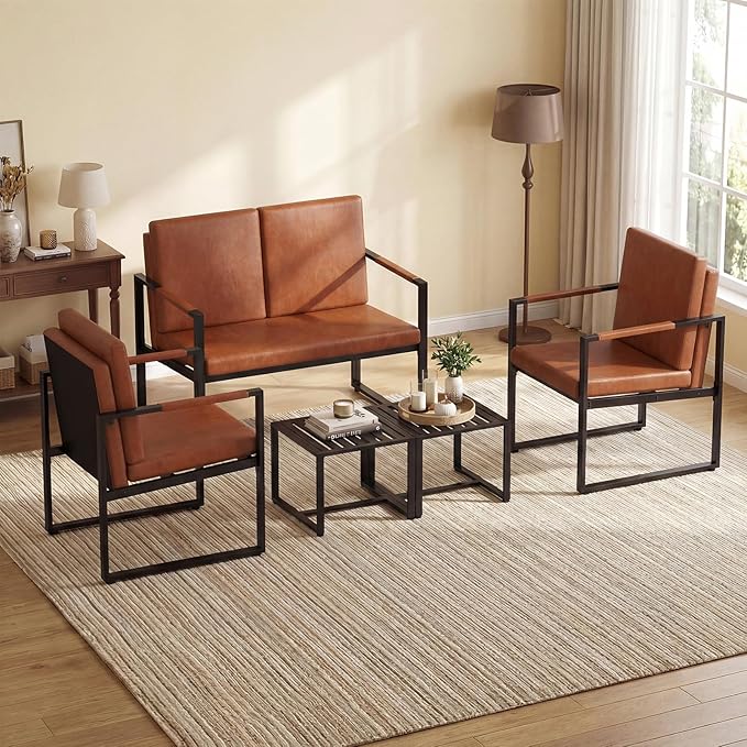 KOMFOTT 5 Pieces Living Room Sofa Set Faux Leather Living Room Furniture Set Includes Loveseat Sofa 2 Accent Chairs &amp 2 Coffee Tables with Heavy-Duty Metal Frame Modern Industrial Couch Set Br