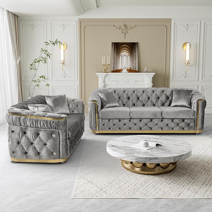 Luxury Velvet Chesterfield Sofa 62.6 Grey and Gold Sofa Mid Century Modern Loveseat Couch for Living Room Tufted Sofas with Gold Legs Rolled Arms Grey
