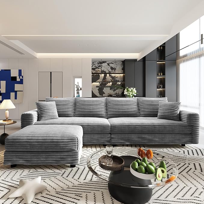 102.4'' Cloud Couch with 1 Ottoman 4 Deep Seat Convertible Modular Sectional Sofa Plush Corduroy &amp Memory Foam Couches with 6 Soft Pillows for Living Room Apartment