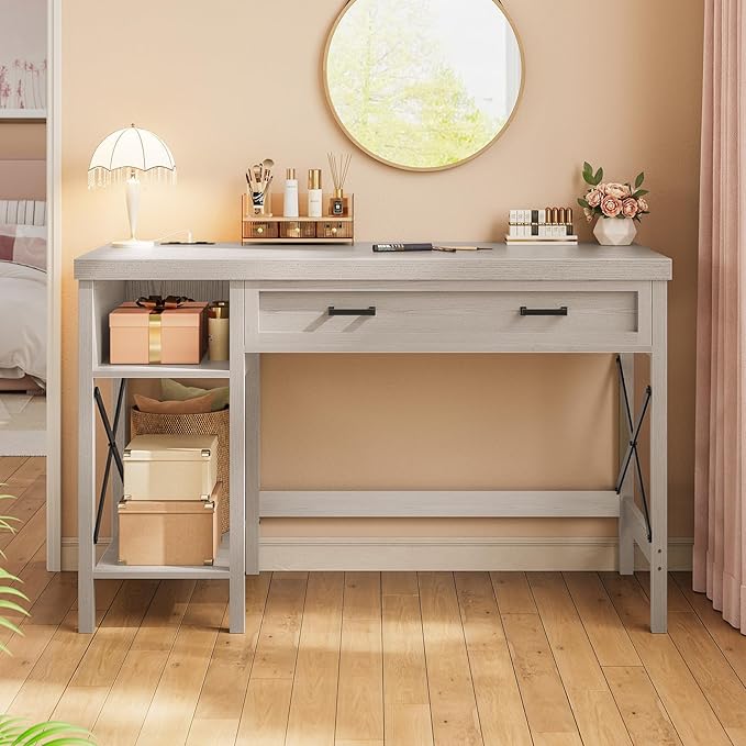SEDETA Farmhouse Small Desk with Drawers 40 Computer Desk with Storage Shelves Writing Desk for Small Space and Power Outlet Desk for Bedroom Home Office Mahogany Grey