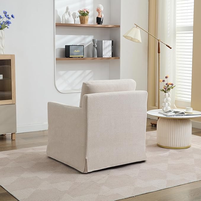 Modern Swivel Accent Chair Beige Chenille 360-Degree Rotation with Removable Cushion Skirted Design 34.8x29.9x33.1 Inch for Living Room Office