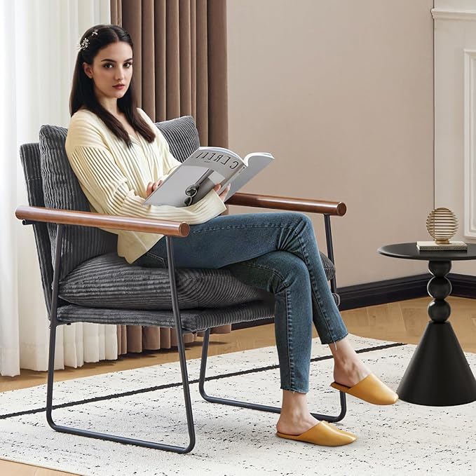Furnilivng Small Sling Accent Chair Comfortable Boucle Fabric Arm Chair Upholstered Cozy Reading Chair for Living Room Bedroom Dressing Room Home Office Grey