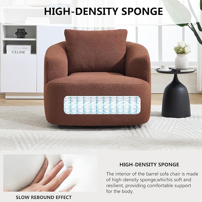 Swivel Accent Chair 360° Rotating Barrel Chair with Teddy Fleece Upholstery &amp High-Resilience Sponge Cushion Easy Assembly Single Sofa for Living Room Bedroom or Apartment (Brown)