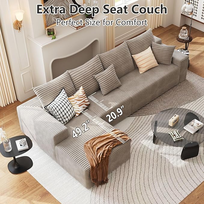 135.4 Cloud Sectional Couch with L-Shape Chaise Modern Modular 4-Seater Sofa with Deep Seat Corduroy Upholstered Couches for Living Room Bedroom No Assembly Required(Camel Left Facing)
